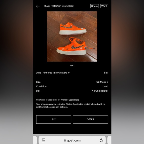 2018 air force 1 low ‘just do it’. orange. size boys/mens 7. - Picture 9 of 9
